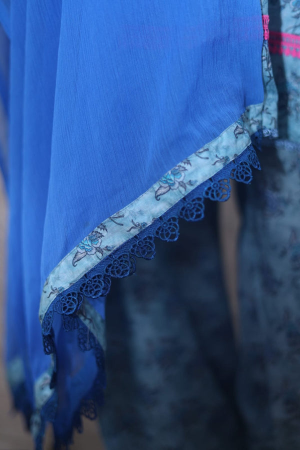 Sky Blue Printed Cotton Suit with Pink Lace Detailing and Chiffon Dupatta