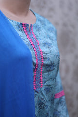 Sky Blue Printed Cotton Suit with Pink Lace Detailing and Chiffon Dupatta