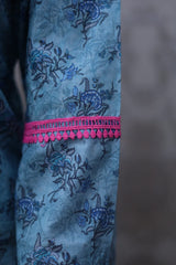 Sky Blue Printed Cotton Suit with Pink Lace Detailing and Chiffon Dupatta