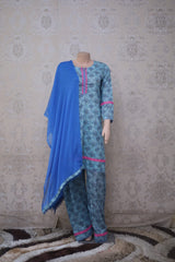 Sky Blue Printed Cotton Suit with Pink Lace Detailing and Chiffon Dupatta