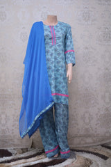 Sky Blue Printed Cotton Suit with Pink Lace Detailing and Chiffon Dupatta