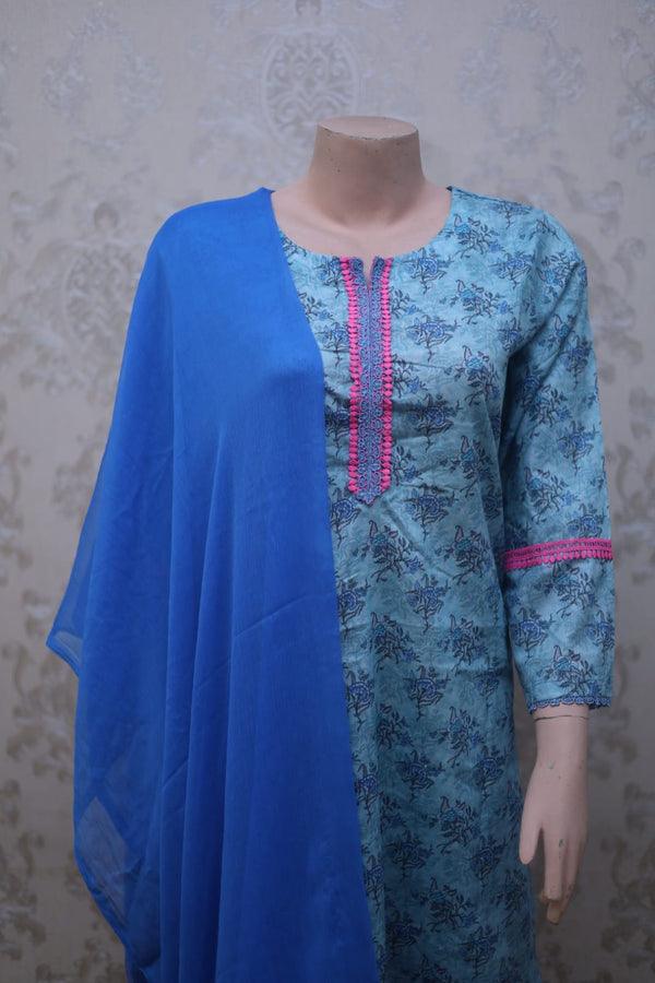Sky Blue Printed Cotton Suit with Pink Lace Detailing and Chiffon Dupatta